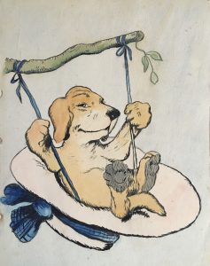 Vergnügt im Sommerhut schaukelnder Hund