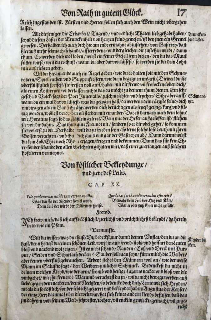 Seitenanfang vom Kapitel "Von köstlicher Bekleydunge" des "Trostspiegel in Glück und Unglück" von Petrarca, Ausgabe 1584