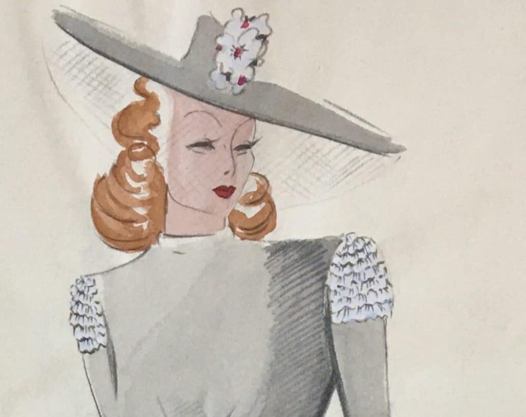 Detail einer Modezeichnung von Bertha Orzelski, vierziger Jahre