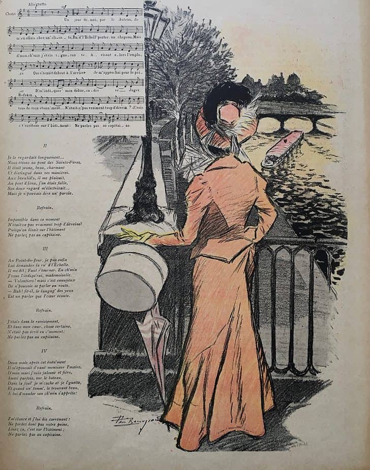 Notenblatt und Illustration von "La Modiste et le Capitaine", erschienen 1900 in Gil Blas Illustré