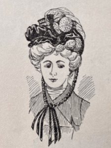 Abbildung eines Kopfes mit Hut (1) aus dem Buch von Clare Hill: Millinery, London 1905