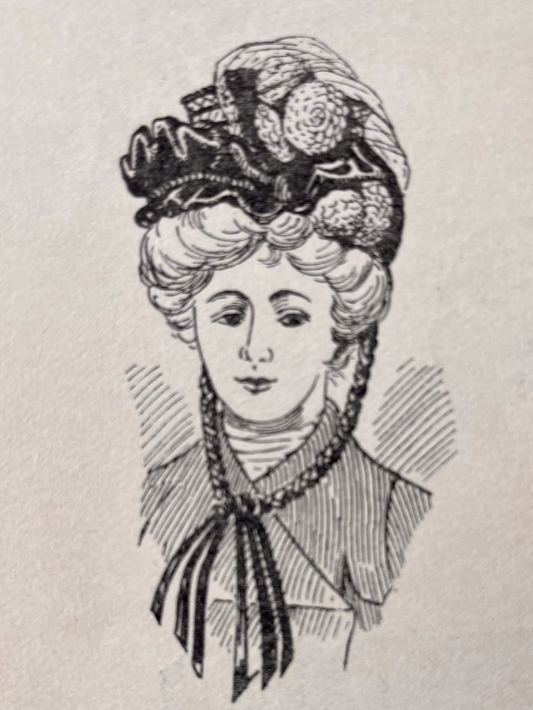 Abbildung eines Kopfes mit Hut (1) aus dem Buch von Clare Hill: Millinery, London 1905