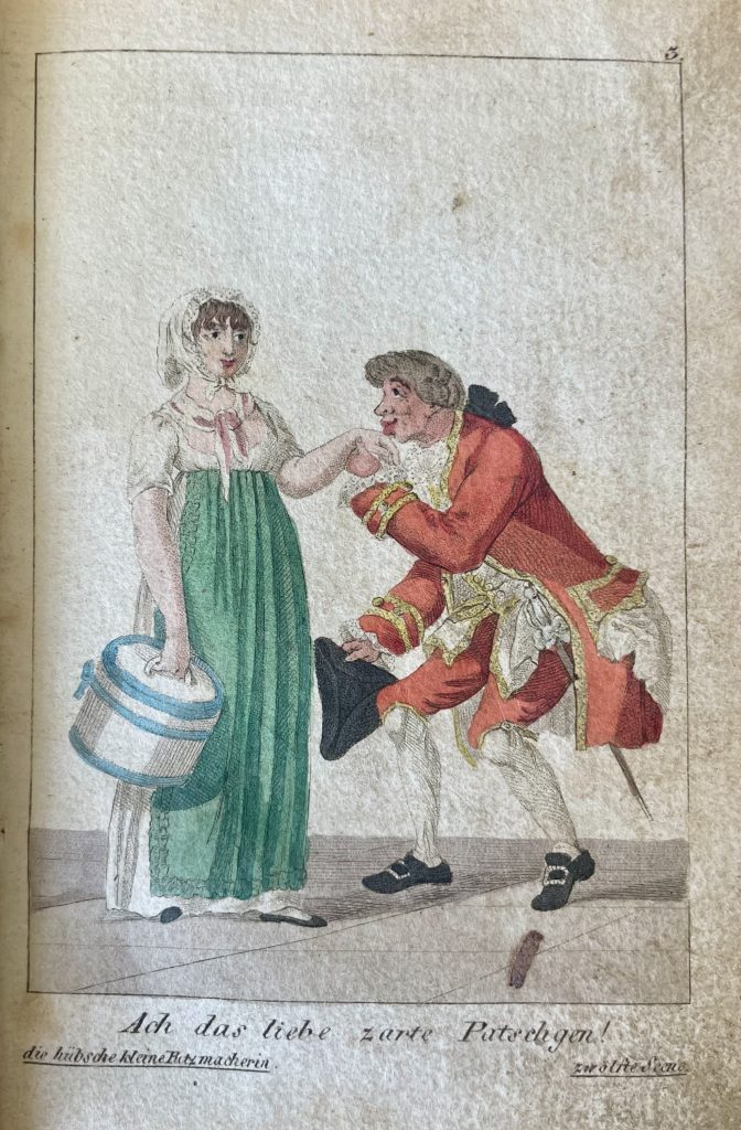 Humoristischer Kupferstich zu "Die hübsche kleine Putzmacherin" von August von Kotzebue 1805