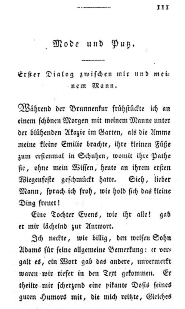 Titelseite des Dialogs "Mode und Putz" von Johanna Henriette Göschen, erschienen im "Journal für deutsche Frauen, von deutschen Frauen geschrieben", Leipzig 1805