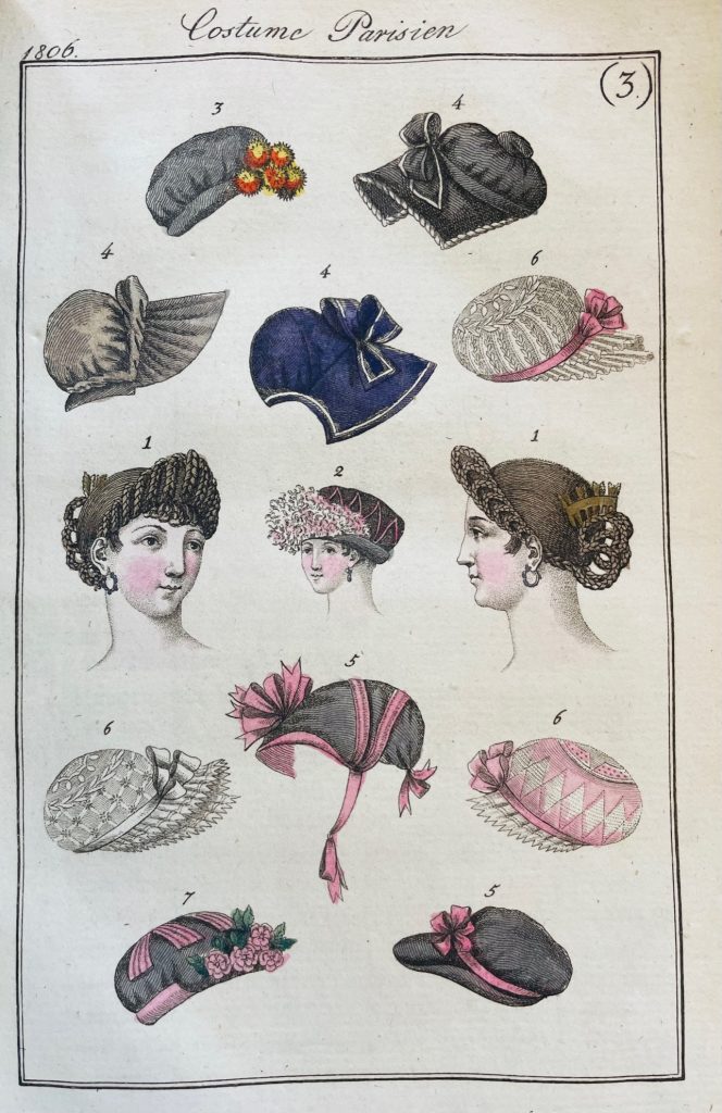 Verschiedene Hüte, Hauben, Toques und Frisuren des Jahres 1806, aus dem Journal des Dames et des Modes, Francfort 1806