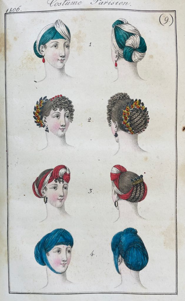 Kopfputz bzw. Coiffuren des Jahres 1806, aus dem Journal des Dames et des Modes, Francfort 1806