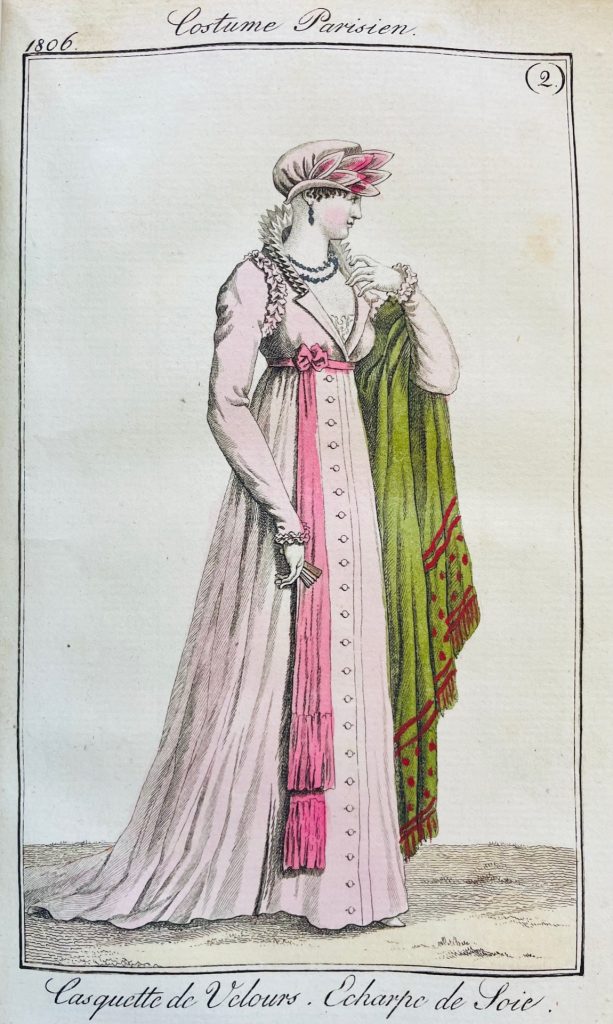 Casquette de Velours und Echarpe de Soie aus dem Jahres 1806, aus dem Journal des Dames et des Modes, Francfort 1806