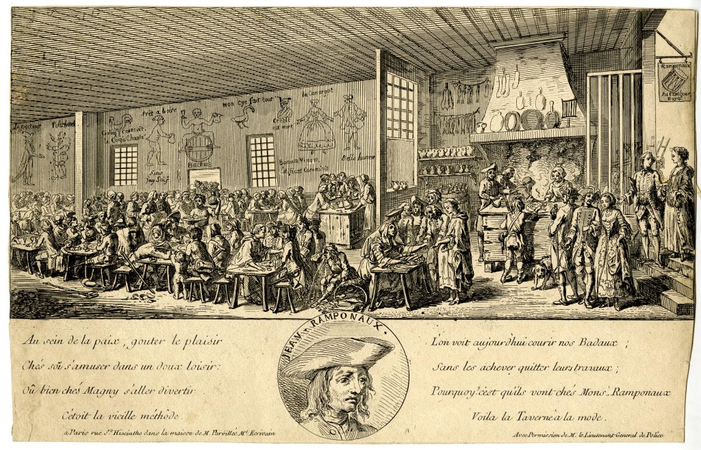 Werbeabbildung des "Café" Ramponneau mit kleinem Porträt von Jean Ramponaux