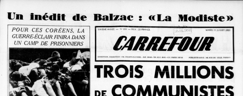 Anzeige auf dem Titelblatt der Zeitschrift "Carrefour" des Vorabdrucks eins unveröffentlichten Textes von Balzac: "La Modiste"