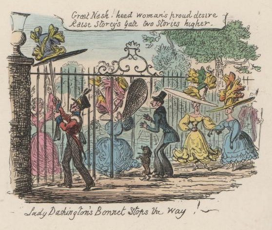 Detail einer Satirischen Radierung von George Cruikshank aus dem Jahr 1828 zur Mode der übergroßen Hüte: Great Nash! Heed woman's proud desire, raise Storcy's Gate two stories higher. Lady Dashington's Bonnet stops the way.