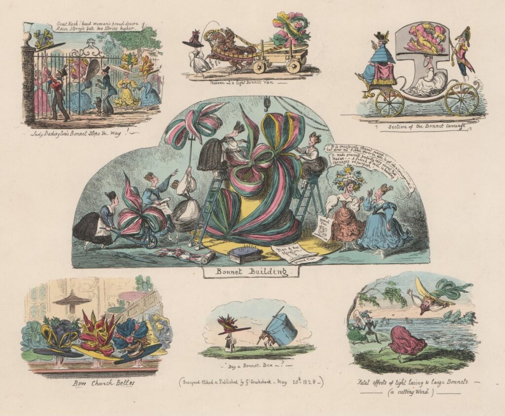Satirische Radierung von George Cruikshank aus dem Jahr 1828 zur Mode der übergroßen Hüte: Bonnet Building