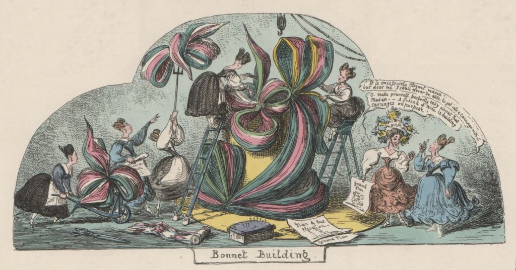 Detail einer Satirischen Radierung von George Cruikshank aus dem Jahr 1828 zur Mode der übergroßen Hüte: Bonnet Buildung