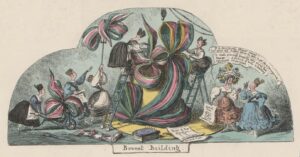 Detail einer Satirischen Radierung von George Cruikshank aus dem Jahr 1828 zur Mode der übergroßen Hüte: Bonnet Buildung