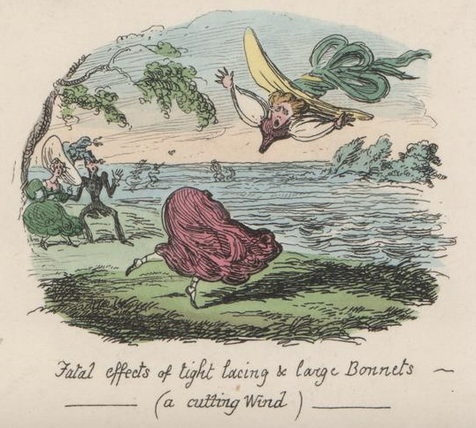 Detail einer Satirischen Radierung von George Cruikshank aus dem Jahr 1828 zur Mode der übergroßen Hüte: Fatal effects of tight lacing & large Bonnets (a cutting Wind)
