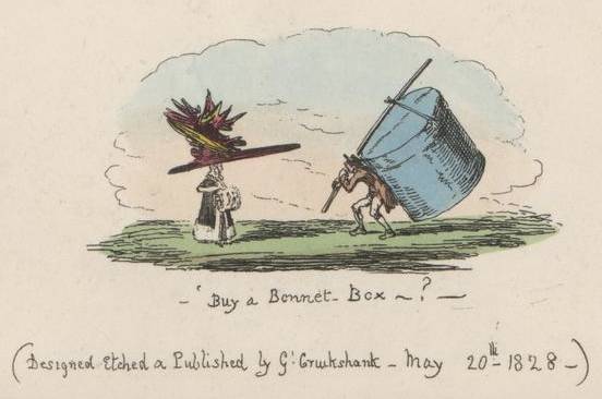 Detail einer Satirischen Radierung von George Cruikshank aus dem Jahr 1828 zur Mode der übergroßen Hüte: Buy a Bonnet Box?