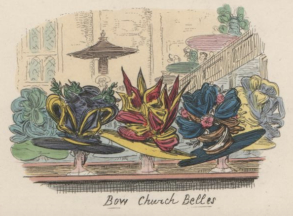 Detail einer Satirischen Radierung von George Cruikshank aus dem Jahr 1828 zur Mode der übergroßen Hüte: Bow Church Belles