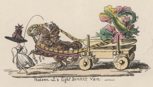 Detail einer Satirischen Radierung von George Cruikshank aus dem Jahr 1828 zur Mode der übergroßen Hüte: Madame L's light Bonnet van