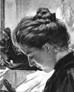 Detailstudie einer Putzmacherin aus einem Holzschnitt von Paul Hey, erschienen in der Gartenlaube 1898