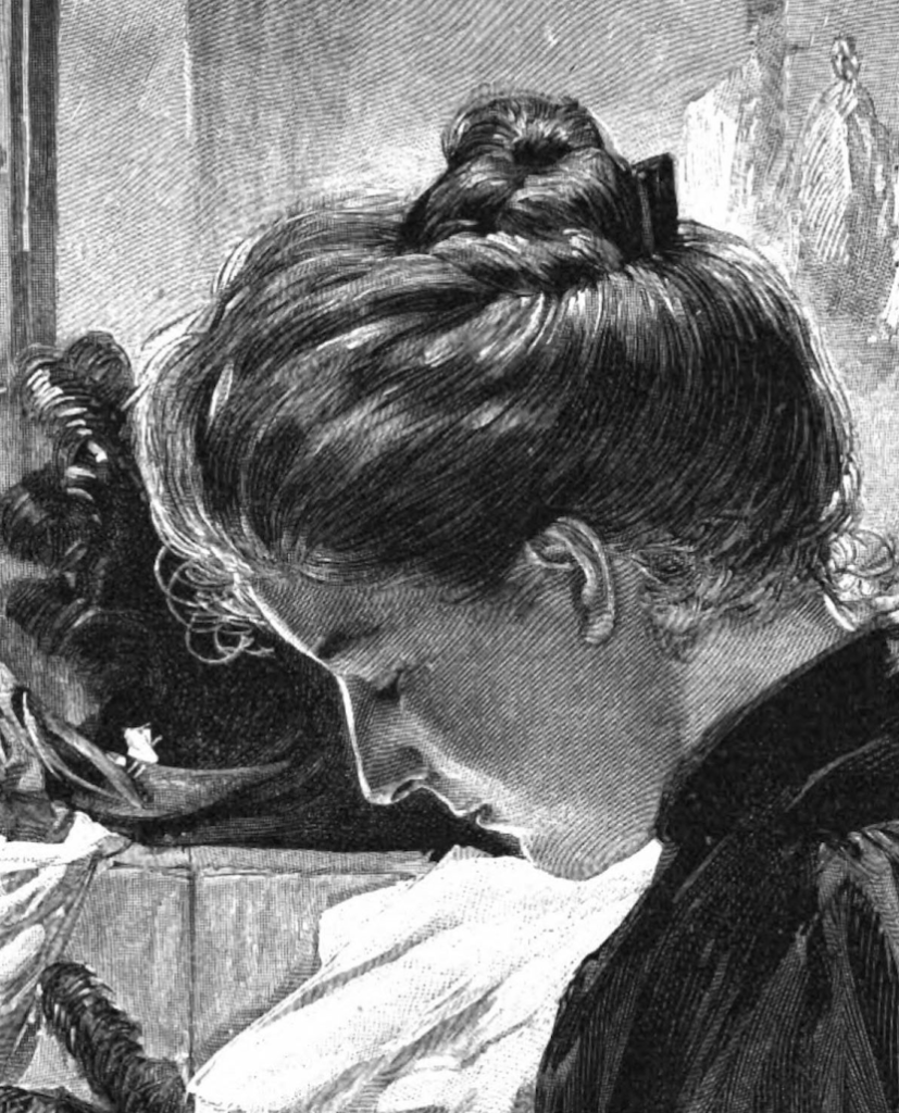 Detailstudie einer Putzmacherin aus einem Holzschnitt von Paul Hey, erschienen in der Gartenlaube 1898