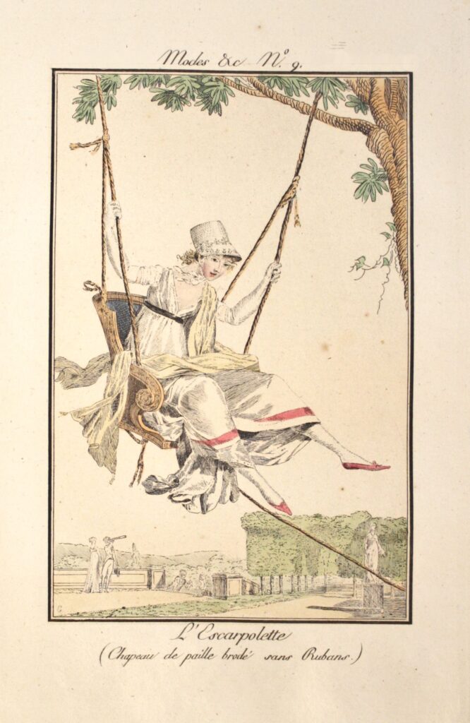 L'Escarpolette (Chapeau de paille brodé sans Rubans.) Kolorierter Kupferstich Nr. 9 aus "Modes et Manières du Jour à Paris, à la fin du 18eme Siècle et au Commencement du 19eme" von Philibert-Louis Debucourt.