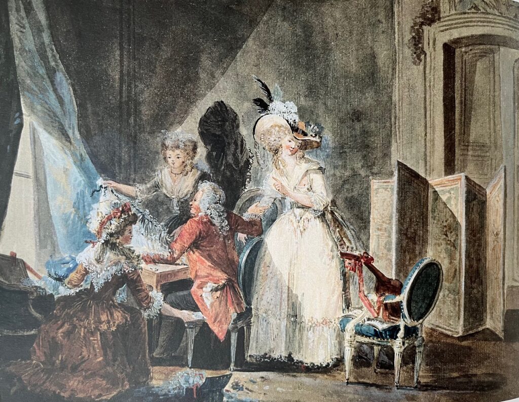 La Marchande de modes. Gouache von Philibert-Louis Debucourt ca. 1780