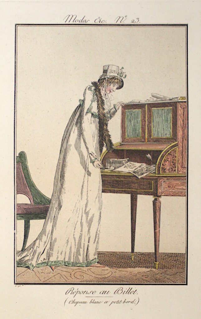 Réponse au Billet (Chapeau blanc a petit bord.) Kolorierter Kupferstich Nr. 23 aus "Modes et Manières du Jour à Paris, à la fin du 18eme Siècle et au Commencement du 19eme" von Philibert-Louis Debucourt.