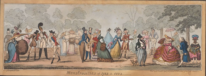 Monstrosities of 1783 & 1823, Satirischer Kupferstich von George Cruikshank aus dem Jahr 1823