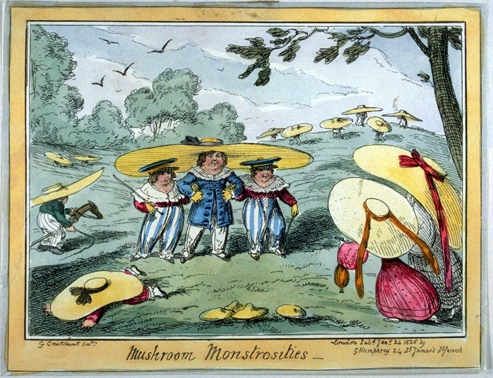 Mushroom Monstrosities, Satirischer Kupferstich von George Cruikshank aus dem Jahr 1826